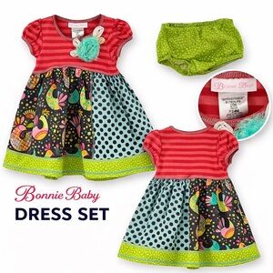Bonnie Baby Toddler Dress Set 24M Colorful Patchwork Birds Polka Dot + Bloomers